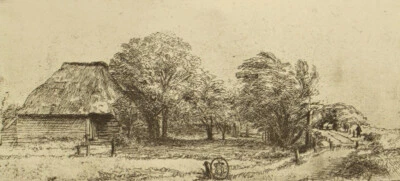 Antiguo paisaje y huerto grabado después de Rembrandt Van Rijn 1800’s Foto 1 de 4