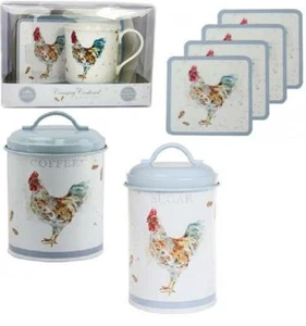 Country Cockerel China Mug & Coaster Gift Set, Coasters or Coffee / Sugar Tin - Picture 1 of 5