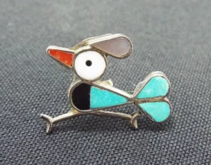 Vintage ZUNI Roadrunner Turquoise Inlay Tie Tac Pin Sterling Native American - Picture 1 of 12