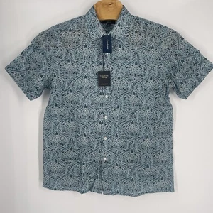 Club Room Men's Luxury Linen Central Stripe Short Sleeve Button Shirt Large Blue - Picture 1 of 3