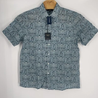 Club Room Men's Luxury Linen Central Stripe Short Sleeve Button Shirt Large Blue - Image 1 of 3