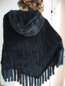Real Mink Fur Cape Hoodie Poncho Pullover Cloak Coat Tassel Black - Picture 1 of 8