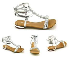 MUJERES DAMAS NUEVAS SANDALIAS DE VERANO DE GLADIADOR DE CRISTAL DIAMANTE TACÓN PLANO TALLA ZAPATOS - Imagen 1 de 11