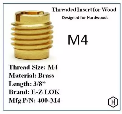 E-Z Lok P/N 400-M4, M4 Threaded Brass Insert For Wood (10 Pieces)