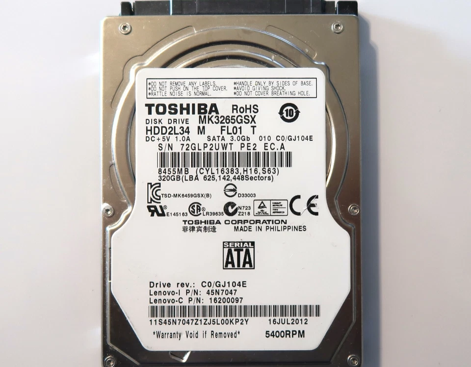 Toshiba MK3265GSX (HDD2L34 M FL01 T) 010 C0/GJ104E 320gb 2.5" Sata HDD 16JUL2012 - Image 1 of 1