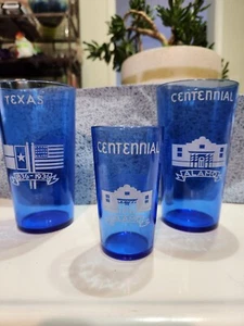 3 COBALT BLUE TEXAS CENTENNIAL 1836-1936 ALAMO 1 4in, 2, 5 1/4 Glass Tumbler Vtg - Picture 1 of 3