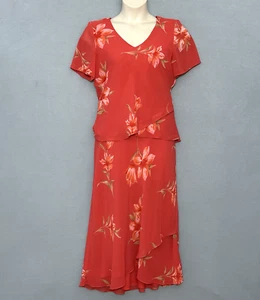 Vintage Studio 1 Women Dress 12 Red Orange Sheer Floral Flowy 2 Pc Midi Occasion - Picture 1 of 17