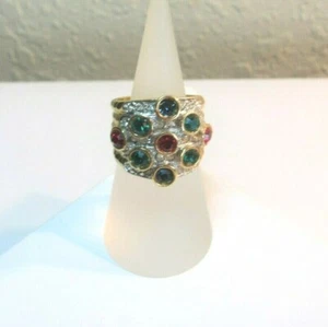VINTAGE 18K GOLD PLATED FASHION RING WITH PAVE CRYSTALS & COLOR STONES - Picture 1 of 5