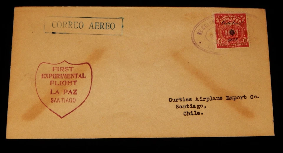 Cubierta vintage, SANTIAGO, CHILE, 1928, PRIMER VUELO EXPERIMENTAL, sello sobreimpresión Foto 1 de 4