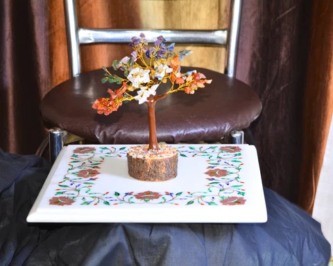12" Marble Inlay table Top Inlaid With Semi-Precious Gems Stone For Side table Cover