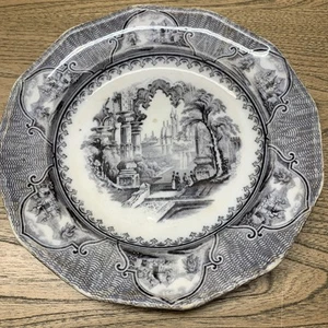 Burg Landschaft Antik Blau Transfer Eisenstein Staffordshire Teller 19. Jahrhundert - Bild 1 von 4
