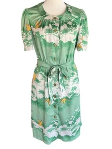 VTG Handmade Button Front Dress Green Tree & Bird/ Duck Print S/M Retro Kitschy - Picture 1 of 10