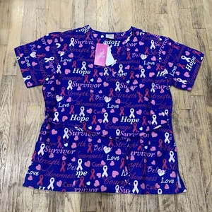 JL Scrubs Top Womens Sz Large Pink Ribbon Hearts Hope Care Heal Cancer Awareness - Picture 1 of 7