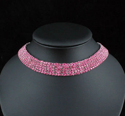 Gargantilla de cristal con estrás austriaco rosa intenso de 5 filas suave collar novia graduación N927 Foto 1 de 2