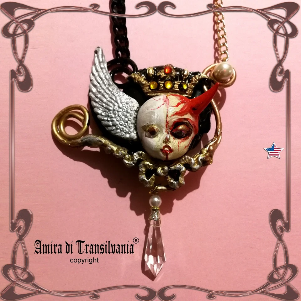 Luxury Jewelry Necklace Doll Head Pendant Angel & Demon Art Deco Chunky Baroque - Image 1 of 4