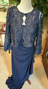ALEX Evenings Sz 10 Navy Gown with Lace Jacket Sequin Embellished Slit Drape - Picture 1 of 10