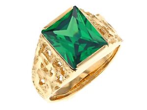 10k or 14k Yellow Gold Mens Rugged Design May Simulated Emerald Ring