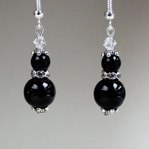 Black pearls crystal vintage silver drop dangle earrings wedding bridesmaid gift - Picture 1 of 2