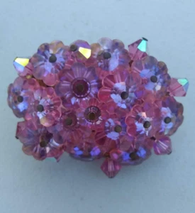 VINTAGE U/S VENDOME CARVED FLOWERS PINK Faceted CRYSTAL BROOCH handmade - Picture 1 of 9