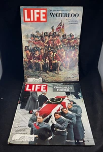 1965 LIFE MAGAZINE LOT WINSTON CHURCHILL'S FUNERAL & BATTLE OF WATERLOO COKE AD - Picture 1 of 9