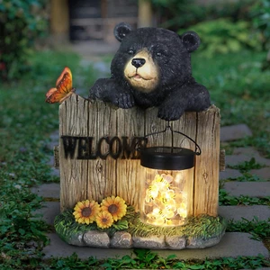 Gartenskulptur, Solar Schwarzbär Gartenstatue mit Willkommensschild Zaun, LED Be - Bild 1 von 12