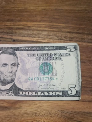  $5 dollar Star Note Low Run Under 500K QA00137754* Federal Reserve Circulated  - Image 1 of 3
