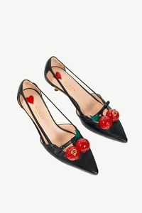 Gucci Unia Black Leather Cherry-Embellished Pointed-Toe Heels, Size US 5 - Picture 1 of 10
