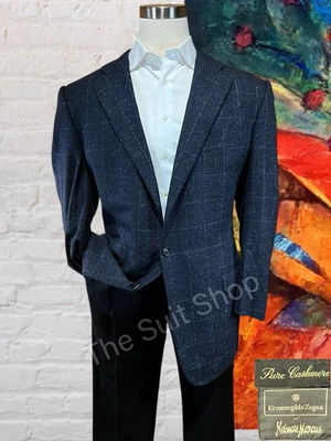 Blazer Ermenegildo Zegna masculino 48L azul xadrez 100% cashmere casaco esportivo rolo 3/2 - Imagem 1 de 4