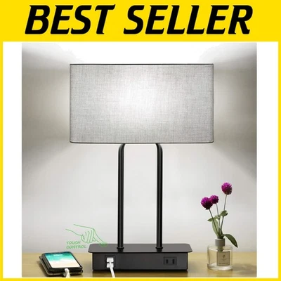 Abajur de mesa de cabeceira de tecido cinza com carregamento USB - Imagem 1 de 4