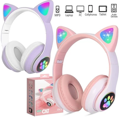 Kids Girls Headphones Wireless Bluetooth Earphone LED Cat Ear X-mas Gift Headset - Image 1 of 4