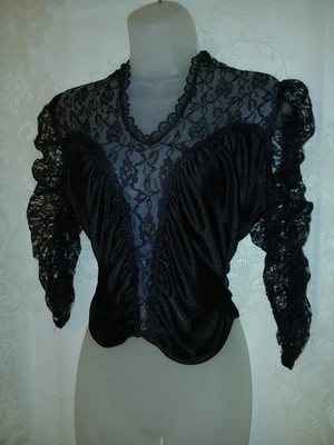Vintage 70s Fredericks Of Hollywood Black Nylon Sheer Lace Ruched Top Blouse S - Image 1 of 4