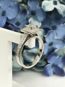 1 CT White Princess Cut Moissanite Halo Women's Wedding Ring In 14K White Gold - Picture 1 of 5