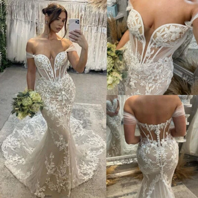 Off Shoulder Wedding Dresses Mermaid Champagne Sweep Train Elegant Bridal Gowns - Image 1 of 4