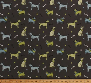 Home Decor Dogs Bones Tossed Blue Green on Dark Taupe Fabric by the Yard D451.09 - Afbeelding 1 van 1