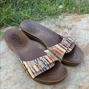 Dr. Scholls faux wood slip on sandals colorful stripe gold tone buckle womens 9 - Picture 1 of 9