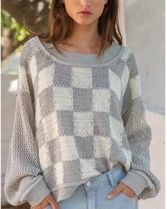 POL Crochet Knit Sweater Checkered Patchwork Loose Slouchy Oversized L Boho - Picture 1 of 9