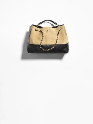 Chanel 25A Gamuza Piel de becerro, Brillante Piel de Cordero Metal Tono Dorado Beige Negro Bolso Grande Foto 1 de 4