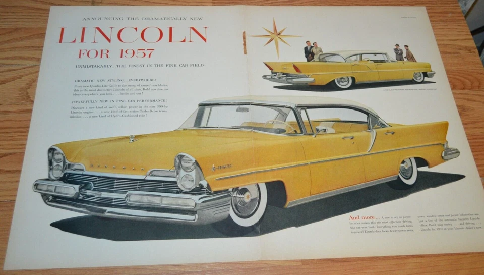 1957 LINCOLN PREMIERE LANDAU ORIGINAL GRANDE ANÚNCIO VINTAGE IMPRESSO 57 - Imagem 1 de 1