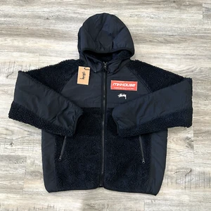 New Stussy Sherpa Paneled Hooded Jacket Fleece Zip Up Black Size L - Picture 1 of 7