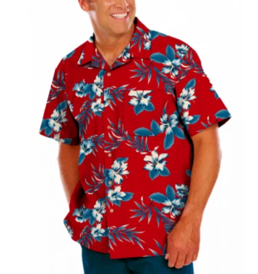 Blue Generation Red Hibiscus Print Hawaiian Pocket Camp Shirt Adult 2XL - Image 1 of 4