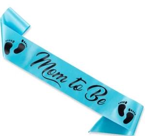 Baby Shower Mom to Be Sash for Boy Blue Ribbon & Black Foil Gender Reveal Party - Picture 1 of 5