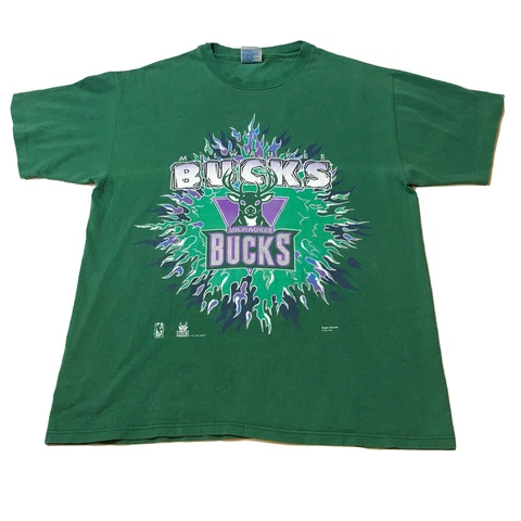 Rare Vintage 90s Milwaukee Bucks Flames T Shirt Green NBA Basketball Size Mens L Cover