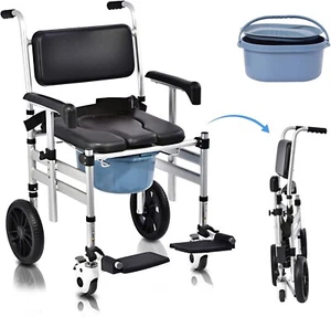 Folding Bedside Commode with Wheels, Padded Shower Chair with Bucket, Rolling - Picture 1 of 5