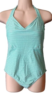 Merona Halter One piece Small Green White Stripe V Neck Swim Bathing Suit Wear - Picture 1 of 3