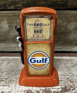 GULF Gasoline Orange Mini Gas Pump 6.5” Tall Metal Penny Coin Bank