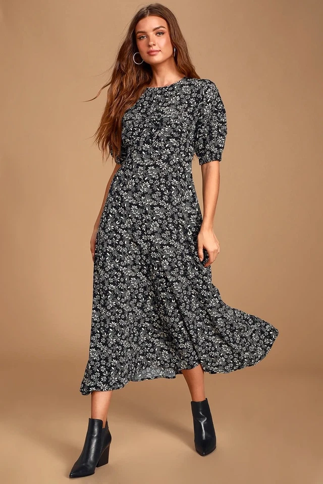 People Jessie Ditsy Midi Floral Print Black Dress Size 4 OB1023480