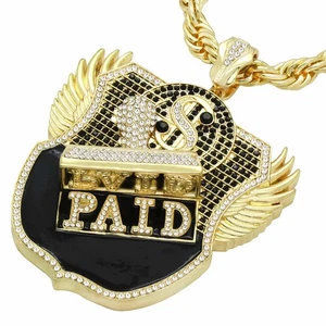 Colgante grande de dinero en efectivo pagado helado tono oro 14K con collar de cadena de cuerda de 24" - Imagen 1 de 6