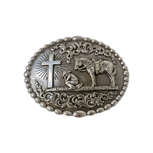 Nocona Western Belt Buckle Cowboy Man at Cross Praying Silver Tone - Picture 1 of 5