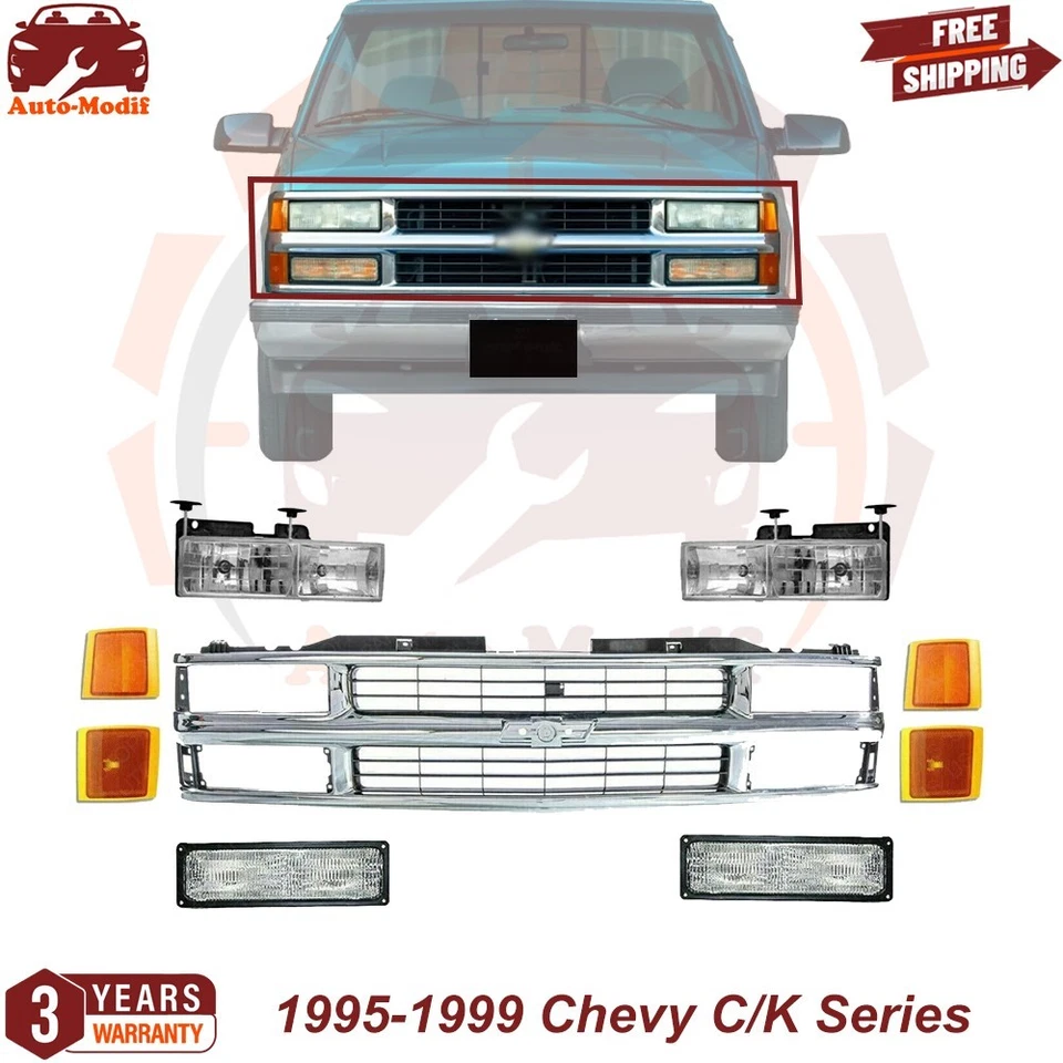 Front Grille Chrome & Head & Signal Light & Reflector For 95-99 Chevy C/K Series — 第 1/4 张图片