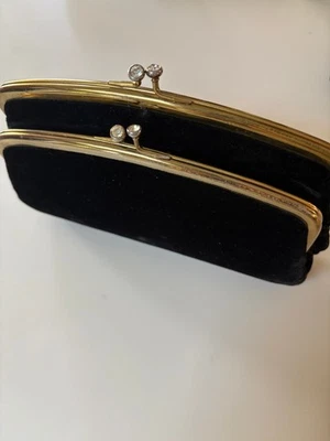 Black Velvet Garay Evening Double Clutch Bag Rhinestone Kiss Clasp Goldtone Trim - Image 1 of 4